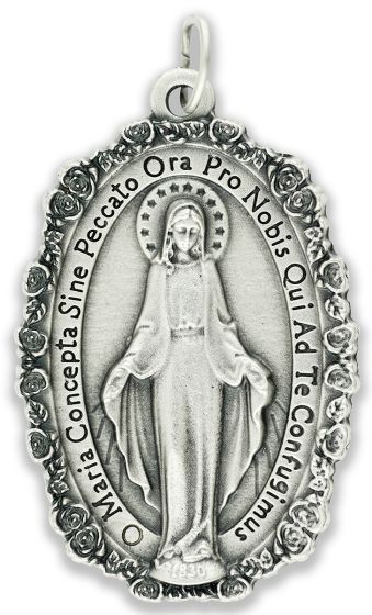 Miraculous Medal with Rose Border (Latin) - 1 3/4" Silver Oxidized, Made in Italy *  (Minimum quantity purchase is 1)