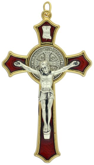  St Benedict Gold Tone Crucifix with Red Enamel - 3 1/8" Made in Italy *  (Minimum quantity purchase is 1)