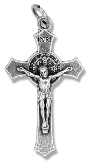 St Benedict Flared Edge Crucifix - 1.5" Silver Oxidized, Made in Italy  * (Minimum quantity purchase is 3)