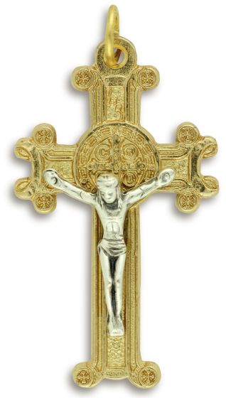 St Benedict Rosary Crucifix (Scroll Design) – 1 5/8" Gold Plated & Silver Oxidized, Made in Italy  * (Minimum quantity purchase is 2)