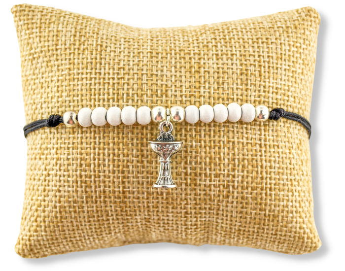 First Communion Rosary Bracelet with White Beads on Black Cord  (Minimum qty. purchase is 1)  