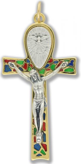   Two-Sided Holy Spirit Crucifix with Stained Glass Accents and  Gold Tone Finish - 3 1/8"  