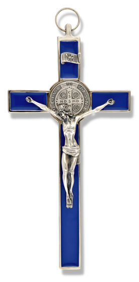  St Benedict 8 inch Metal Wall Crucifix - Blue Enamel   