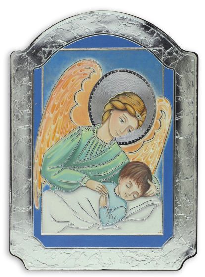 Guardian Angel with Child Icon with Silver Foil on Wood - 5 1/2" (Minimum quantity of purchase is 1)   