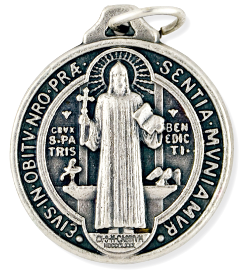St Benedict Medal (Catholic Protection) – 3/4" Thick Round Silver Oxidized, Made in Italy  * (Minimum quantity purchase is 2)