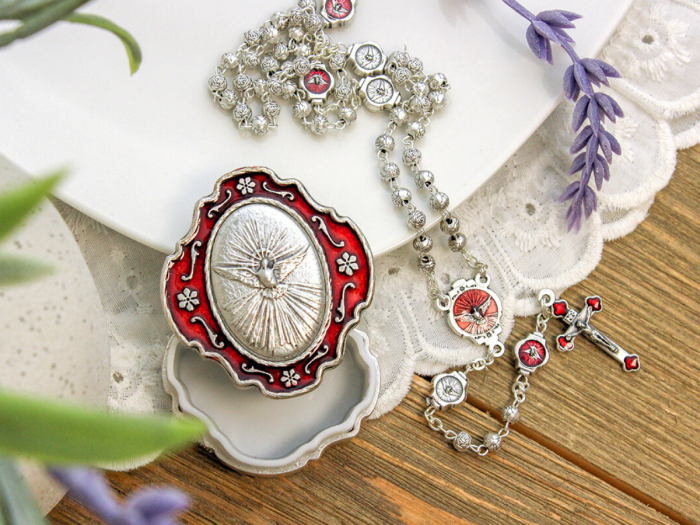 Holy Spirit Metal Rosary - Silver Ox, Red Enamel, 15"- Includes 2-Tone Metal Case  (Minimum quantity purchase of 1)