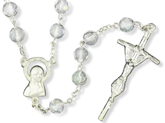 AB Clear Crystal / April 7mm Glass Bead Rosary - 20 1/2"    (Minimum quantity purchase is 1)