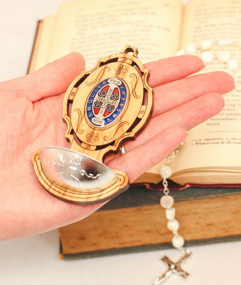 St Benedict Medal Holy Water Font (Color Image) – 3.75" Olivewood, Made in Italy  (Minimum quantity purchase is 1)