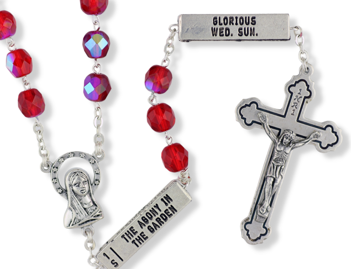 The Mysteries Rosary with Red Crystal 8 mm Beads - 22"   (Minimum qty. purchase is 1) 