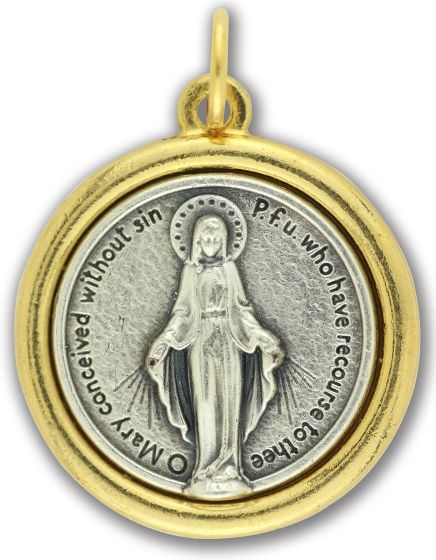 Miraculous Medal in English  - 1" Round Silver Oxidized & Gold Plated, Made in Italy *  (Minimum quantity purchase is 2)