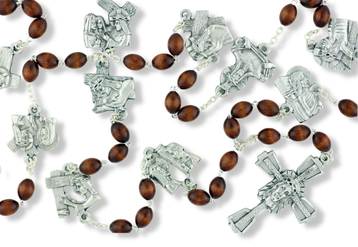 Stations of the Cross Chaplet – 26" Brown Wood Beads & Silver Oxidized Medals, Made in Italy  (Minimum quantity purchase is 1)  