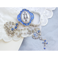 Miraculous Medal Metal Rosary (4mm Rosebud Beads & Blue Enamel Accents) with Keepsake Case – Made in Italy  (Minimum quantity purchase is 1)
