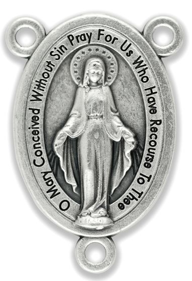 Miraculous Medal Rosary Center (English) – 1" Oval Silver Oxidized, Made in Italy  (Minimum quantity purchase is 2)
