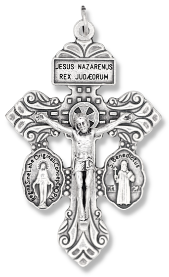 3-Way Pardon Crucifix (St. Benedict & Miraculous Medal) - 2-1/8" Silver Oxidized, Made in Italy  *  (Minimum quantity purchase is 1)