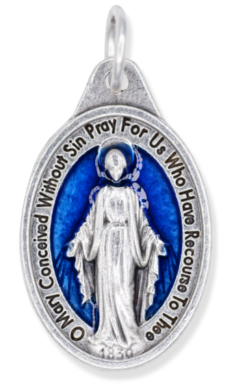 Miraculous Medal Blue Enamel (English) – 1" Oval Silver Oxidized, Made in Italy *  (Minimum quantity purchase is 5)