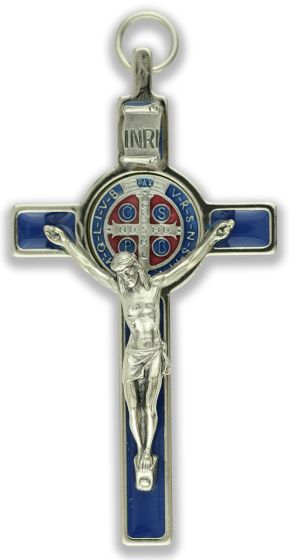 St. Benedict Straight Edge Crucifix, 3-1/4" (0.48 cm Thick) - Blue & Red Accents  *  (Minimum quantity purchase is 1)  