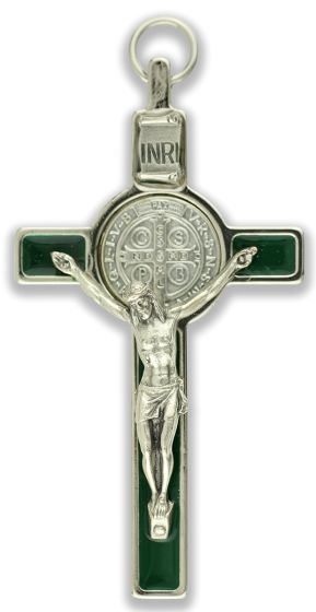 St. Benedict Straight Edge Crucifix, 3-1/4" (0.48 cm Thick) - Green Enamel   (Minimum quantity purchase is 1) 