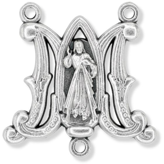 Divine Mercy "M" Rosary Center – 1" Silver Oxidized, Made in Italy  * (Minimum quantity purchase is 2)