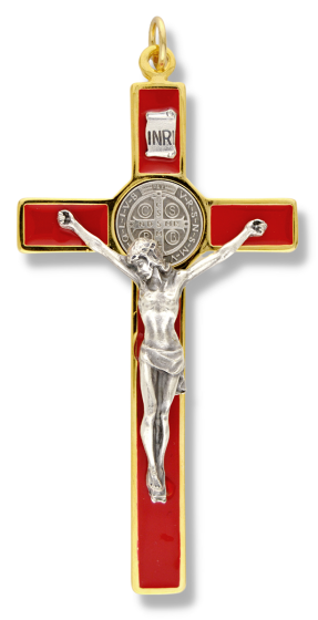 St Benedict Gold Tone Metal Crucifix with Silver Corpus and Red Enamel Accents 4.5"   (Minimum quantity purchase of (1)  