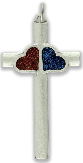  Cross with Red and Blue Hearts - 1 15/16"   (Minimum quantity purchase is 1)