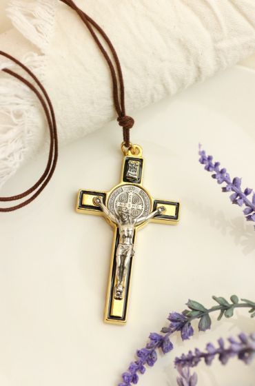 St Benedict Crucifix Pendant Necklace - 3" Gold Plated with Black Enamel Accents, Made in Italy *   (Minimum quantity purchase is 1)   