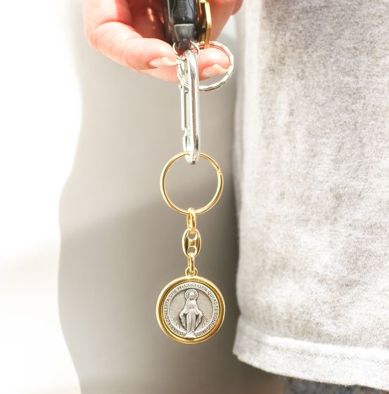 Miraculous Medal Key Chain - 3 1/4" Two Tone Round, Made in Italy * (Minimum quantity purchase is 1)