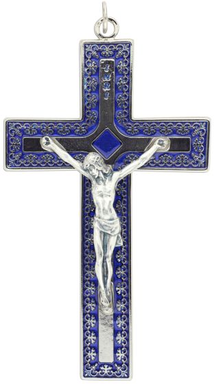   Filigree-Style Straight Bar Crucifix with Blue Inlay - 5 inch    
