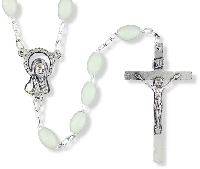  White Plastic Linked Bead Rosary with Mary / Sacred Heart Centerpiece - 18" (Minimum quantity purchase is 1)