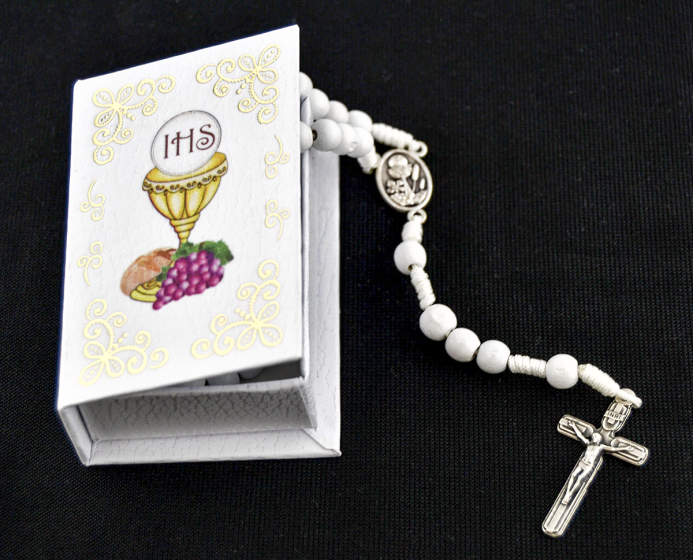 First Communion Rosary Necklace with White Wood Beads on White Cord, Boxed - 16.5   (Minimum quantity purchase is 1)