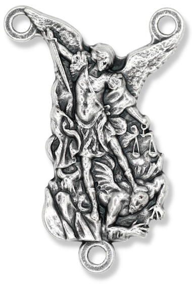 St Michael Rosary Center – 1-1/8" Silhouette Silver Oxidized, Made in Italy *  (Minimum quantity purchase is 2) 