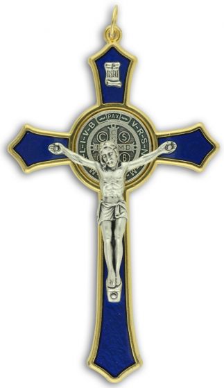  St Benedict Two-Toned Crucifix with Blue Enamel - 3 1/8"    (Minimum quantity purchase is 1)