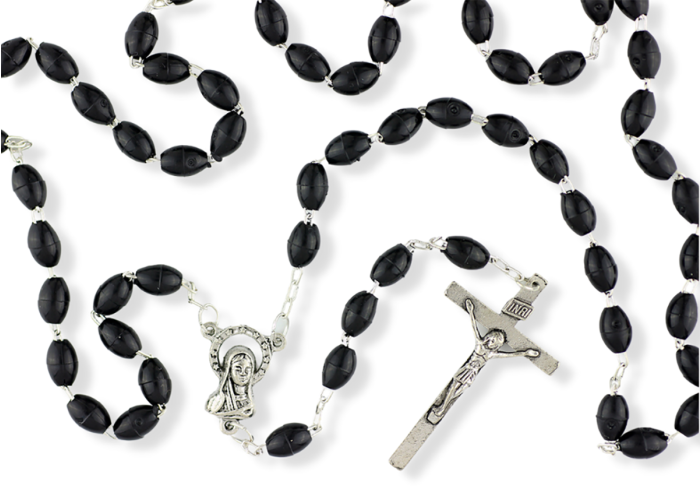  Black Plastic Linked Bead Rosary with Mary / Sacred Heart Centerpiece - 18"  (Minimum quantity purchase is 1)