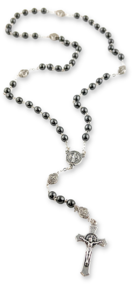 St Benedict Rosary with Hematite 6mm Beads – Silver Tone, 17"   (Minimum quantity purchase is 1)