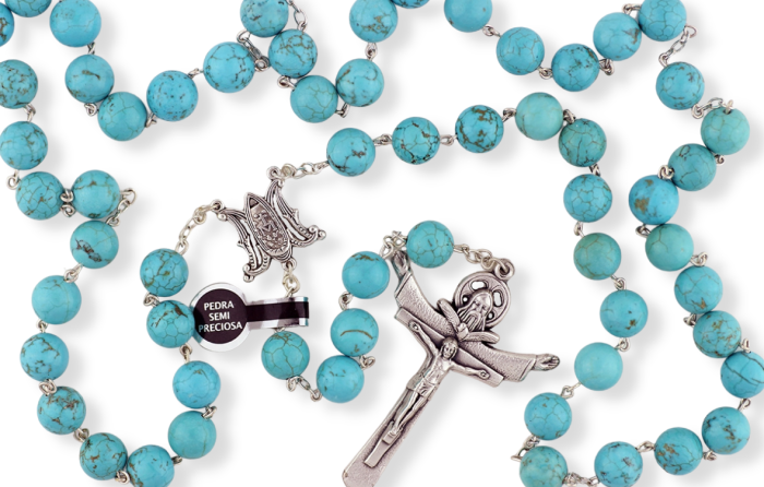   Large Rosary with 10mm Semi Precious Turquoise Beads and Miraculous Medal Center - 20 3/4"   (Minimum quantity purchase is 1)