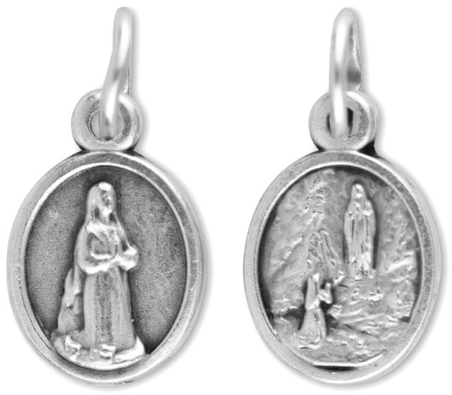 Our Lady of Lourdes & St Bernadette Medal - 1/2" Silver Oxidized, Made in Italy  (Minimum quantity purchase is 3)