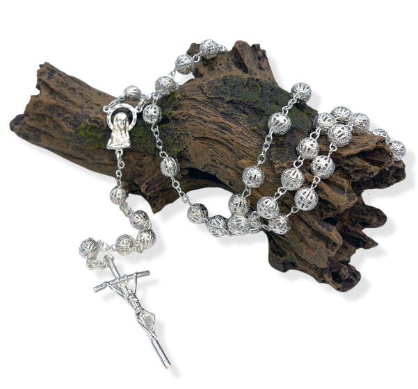  Silver Plated Filigree Rosary with 8mm Beads - 22"   (Minimum quantity purchase is 1)