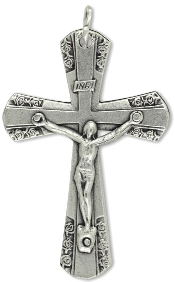 Rose Border Flared Crucifix – 1 5/8" Silver Oxidized, Made in Italy   (Minimum quantity purchase is 1)