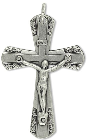 Rose Border Flared Crucifix – 1 1/4" Silver Oxidized, Made in Italy * (Minimum quantity purchase is 2)